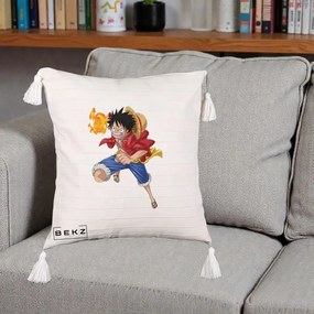 Perna Personalizata One Piece Luffy Gear Second Foc, 40x40 cm, Bej cu Franjuri, Husa Detasabila, Perna Inclusa, BEKZ®