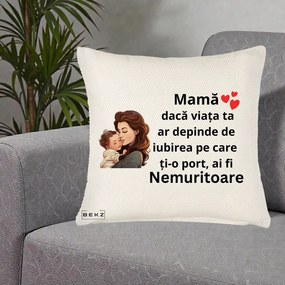 Cadou pentru Mama - Perna Personalizata Mama Nemuritoare cu Bebelus Lineart, 40x40 cm, Crem Reliefat, Husa Detasabila, Perna Inclusa, BEKZ®