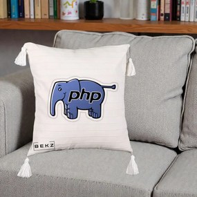 Perna Personalizata PHP Elephant, 40x40 cm, Bej cu Franjuri, Husa Detasabila, Perna Inclusa, BEKZ®