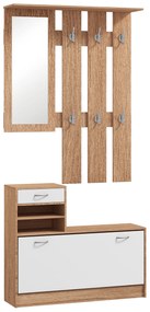 HOMCOM Set Mobilier Modern cu Etajeră pentru Pantofi, Oglindă cu 6 Cârlige, 2 Rafturi și Sertare, 90x24x177 cm, Lemn Natural | Aosom Romania