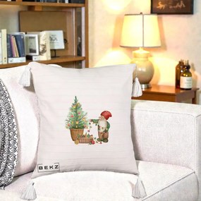 Perna Decorativa Pitic de Craciun cu Brad, 40x40 cm, Bej cu Franjuri, Husa Detasabila, Perna Inclusa, BEKZ®