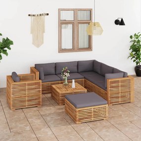 Set mobilier gradina cu perne gri inchis 8 piese lemn masiv tec Morke gra, 3x colt + 2x mijloc + fotoliu + 2x suport pentru picioare, 1