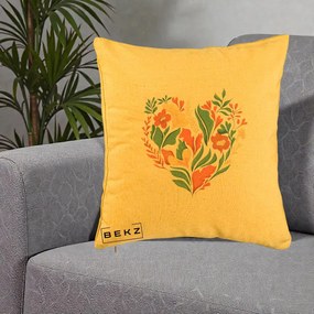 Perna Decorativa Inima Florala Botanica, 40x40 cm, Galben, Husa Detasabila, Perna Inclusa, BEKZ®