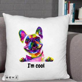 Perna Personalizata Bulldog Francez I'm Cool, 40x40 cm, Alb Pufos, Husa Detasabila, Perna Inclusa, BEKZ®