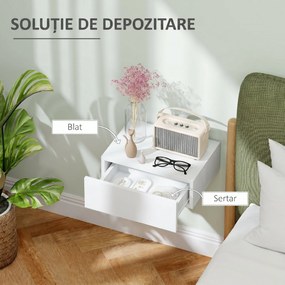 HOMCOM Noptieră Suspendată cu Sertar din PAL, 40x30x15 cm, Alb | Aosom Romania