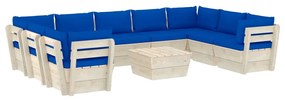 Set mobilier gradina din paleti, 10 piese, cu perne, lemn de molid Albastru, 4x colt + 5x mijloc + masa, 1