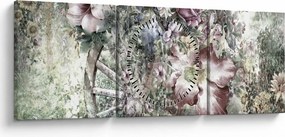 Tablou - Flori pe roata de lemn (cu ceas) (90x30 cm)
