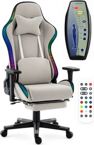 Scaun Gaming cu Masaj 7 Puncte și Încălzire, RGB, Iluminare LED Multicolor, Telecomenzi, Cotiere 3D, Reclinare 180°, Suport Picioare, Catifea, Gri