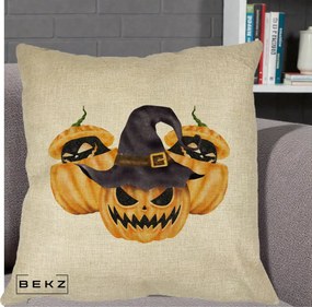 Perna Decorativa Trio Dovleci Jack-o-Lantern cu Palarie Vrajitoare, 40x40 cm, Crem, Husa Detasabila, Perna Inclusa, BEKZ®
