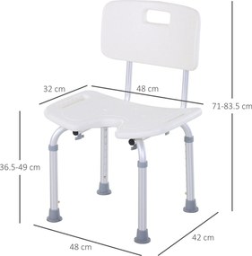 HOMCOM Scaun de Duș Reglabil pe 8 Nivele cu Orificii de Drenaj și Șezut în Formă de U, 48x42x71-83,5 cm, Alb | Aosom Romania