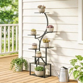 Outsunny Suport pentru Plante cu 8 Rafturi în Formă de S, Suport Ghivece Metalic pentru Interior și Exterior, pentru Grădină, Balcon, Terasă, Cameră de Zi, 74x26x158,5 cm, Negru | Aosom Romania