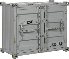 Masă consolă industrială din metal, gri, cu 2 uși, sertar, suporturi pentru sticle și colțare metalice, finisaj antichizat, 64 x 77 x 41 cm, „Cargo”