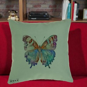 Perna Decorativa Fluture Acuarela Multicolor Portocaliu-Bleu-Mov, 40x40 cm, Verde, Husa Detasabila, Perna Inclusa, BEKZ®