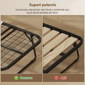 HOMCOM Pat Pliabil Single 90x200 cm cu Saltea de 10 cm Grosime, Cadru din Metal și Roți cu Frână, Negru | Aosom Romania