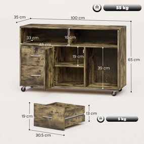HOMCOM Dulap pentru Imprimantă pe Roți cu 2 Sertare, Încuietoare cu Cheie, 3 Rafturi și Dulap, pentru Documente de Birou și Studiu, 100x35x65 cm, Maro Rustic | Aosom Romania