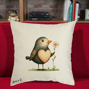 Perna Decorativa Pasare cu Inima si Margareta, 40x40 cm, Ecru, Husa Detasabila, Perna Inclusa, BEKZ®