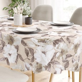 Goldea față de masă decorativă loneta - flori albe și maro cu frunze - ovală 120 x 200 cm