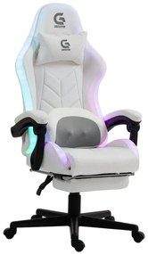 Scaun gaming, Masaj cu Role in perna lombara, Boxe bluetooth, sistem iluminare bandă LED RGB, suport picioare, Alb