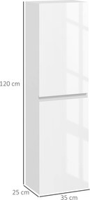 kleankin Dulap Înalt pentru Baie, Dulap cu Finisaj Lucios, Rafturi Reglabile, 2 Dulapuri, Organizator Baie, 35 x 25 x 120 cm, Alb Lăcuit | Aosom Romania