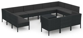 Set mobilier de gradina cu perne, 14 piese, negru, poliratan 4x colt + 9x mijloc + masa, 1