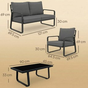 Outsunny Set mobilier de grădină 4 piese cu perne detașabile foarte groase 10 cm masă de cafea din sticlă securizată Negru | Aosom Romania