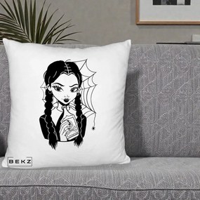Perna Personalizata Wednesday cu Panza de Paianjen, 40x40 cm, Alb Pufos, Husa Detasabila, Perna Inclusa, BEKZ®