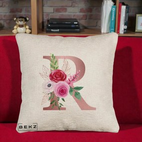 Cadou Personalizat - Perna Personalizata Monograma Rose Gold Litera R, 40x40 cm, Bej Canapea, Husa Detasabila, Perna Inclusa, BEKZ®