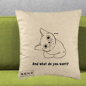 Perna Decorativa And What Do You Want Cat, 40x40 cm, Bej, Husa Detasabila, Perna Inclusa, BEKZ®
