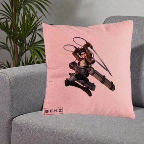 Perna Personalizata Attack on Titan Eren Yeager Lupta, 40x40 cm, Roz, Husa Detasabila, Perna Inclusa, BEKZ®
