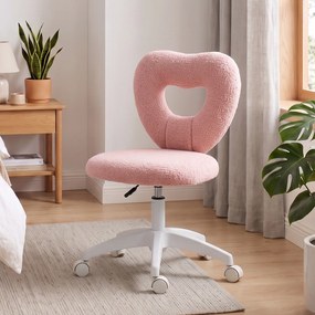 HOMCOM Scaun de Birou Rotativ cu Spătar în Formă de Inimă, Înălțime Reglabilă, Țesătură Teddy, 45x56x78-88 cm, Roz | Aosom Romania
