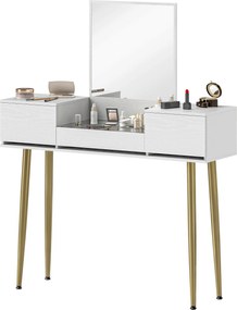 HOMCOM Masă de toaletă elegantă cu oglindă pătrată și sertare organizatoare 105,5x30x130,5 cm Alb și Auriu | Aosom Romania