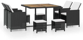 42530 vidaXL Set mobilier de exterior, 9 piese negru, poliratan, lemn acacia