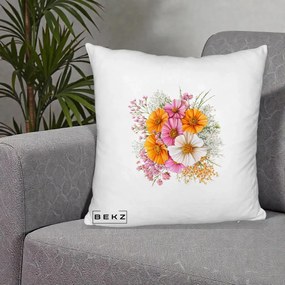 Perna Decorativa Buchet Cosmos Portocaliu Roz si Alb, 40x40 cm, Alb Pufos, Husa Detasabila, Perna Inclusa, BEKZ®