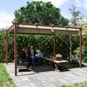 Outsunny Pergolă de Grădină cu Acoperiș Retractabil și Cadru din Aluminiu cu Aspect de Lemn, 382x300x232 cm, Lemn Natural | Aosom Romania