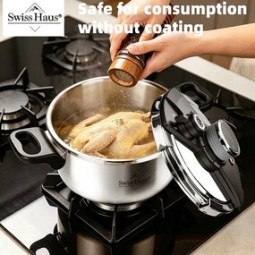 Oala sub presiune Swiss Haus SH-PCA8L, 8 l, 24 x 18,6 cm, 100 kPa, Otel inoxidabil, Fara PFAS, Fnd cu 3 straturi, Inductie, Argintiu