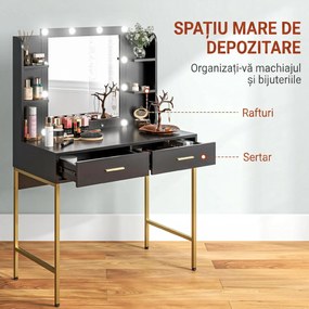 HOMCOM Masă de Machiaj cu Oglindă, 10 Becuri și Taburet Căptușit, 90x45x132,5 cm, Negru | Aosom Romania