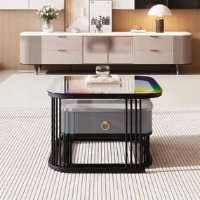 Set de 2 Măsuțe de Cafea Suprapozabile cu Blat din Marmură Lucioasă și Sticlă, Structură din Metal și Sertare, 60x60x42 cm + 50x50x34 cm, Negru
