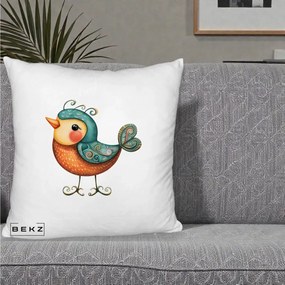 Perna Decorativa Pasare Ornamentala Folk Art, 40x40 cm, Alb Pufos, Husa Detasabila, Perna Inclusa, BEKZ®