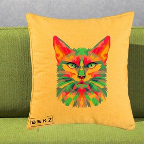 Perna Decorativa Pisica Pop Art Multicolor, 40x40 cm, Galben, Husa Detasabila, Perna Inclusa, BEKZ®