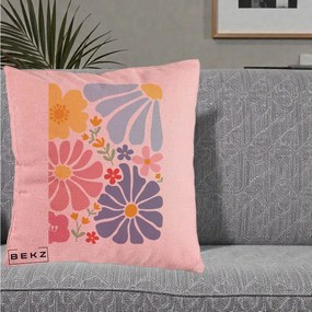 Perna Decorativa Flori Grafice Pastel Multicolor, 40x40 cm, Roz, Husa Detasabila, Perna Inclusa, BEKZ®