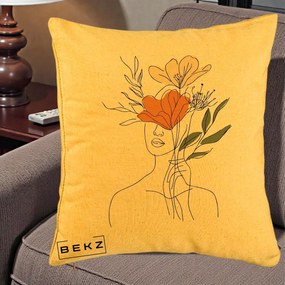 Perna Decorativa Portret Feminin Coroana Florala, 40x40 cm, Galben, Husa Detasabila, Perna Inclusa, BEKZ®