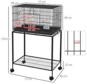 PawHut Colivie pentru Pasari cu Rotile 77x46x119 cm Cusca Metalica pentru Pasari cu Tava Detasabila 2 Suporturi 2 Hranitoare Negru | Aosom Romania