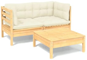 Set mobilier gradina cu perne crem, 3 piese, lemn de pin maro si crem, 1