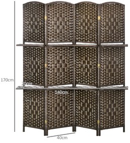 HOMCOM Paravan separator de cameră 4 panouri 160 x170 cm cu 2 rafturi, pliabil, din lemn | Aosom Romania