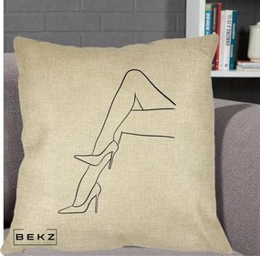 Perna Decorativa Picioare cu Tocuri Line Art, 40x40 cm, Crem, Husa Detasabila, Perna Inclusa, BEKZ®