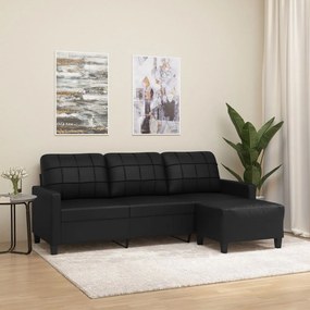 Canapea cu 3 locuri si taburet, negru, 180 cm, piele ecologica Negru, 198 x 77 x 80 cm