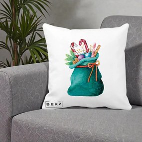 Perna Decorativa Saculet Cadouri Mos Craciun Acuarela Verde, 40x40 cm, Alba Mata, Husa Detasabila, Perna Inclusa, BEKZ®