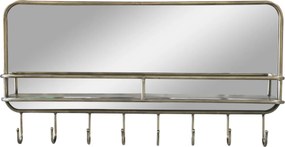 Oglindă cu raft și 8 agățători, din metal și sticlă, finisaj alamă antichizată, H 44.5 cm