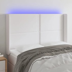 3123999 vidaXL Tăblie de pat cu LED, alb, 147x16x118/128 cm, piele ecologică