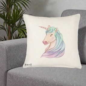Perna Decorativa Unicorn Acuarela Pastel, 40x40 cm, Crem Reliefat, Husa Detasabila, Perna Inclusa, BEKZ®